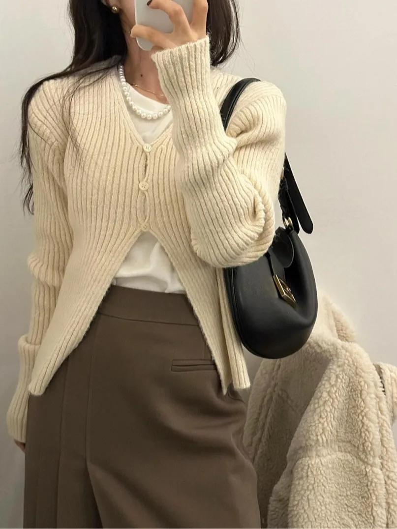 한국 스타일 슬림핏 싱글 버튼 니트웨어 브이넥 스웨터 여성 패션 봄 오픈 가디건 긴팔 캐주얼웨어