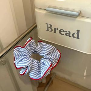 새로운 스크런치 레드 헴 블루 스트라이프 헤어 타이 달콤하고 신선한 탄력 있는 헤어 밴드 소녀 여성 헤어 액세서리