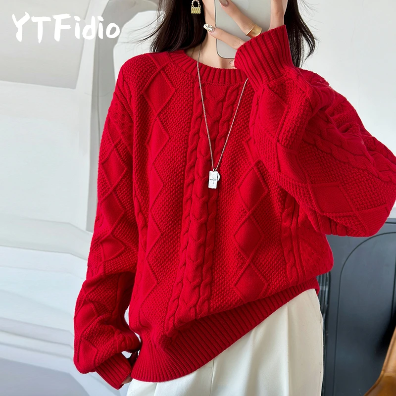 YTFidio 100% 면 여성용 O넥 두꺼운 꼬임 꽃무늬 풀오버 스웨터 럭셔리 디자이너 의류 플러스 사이즈 400