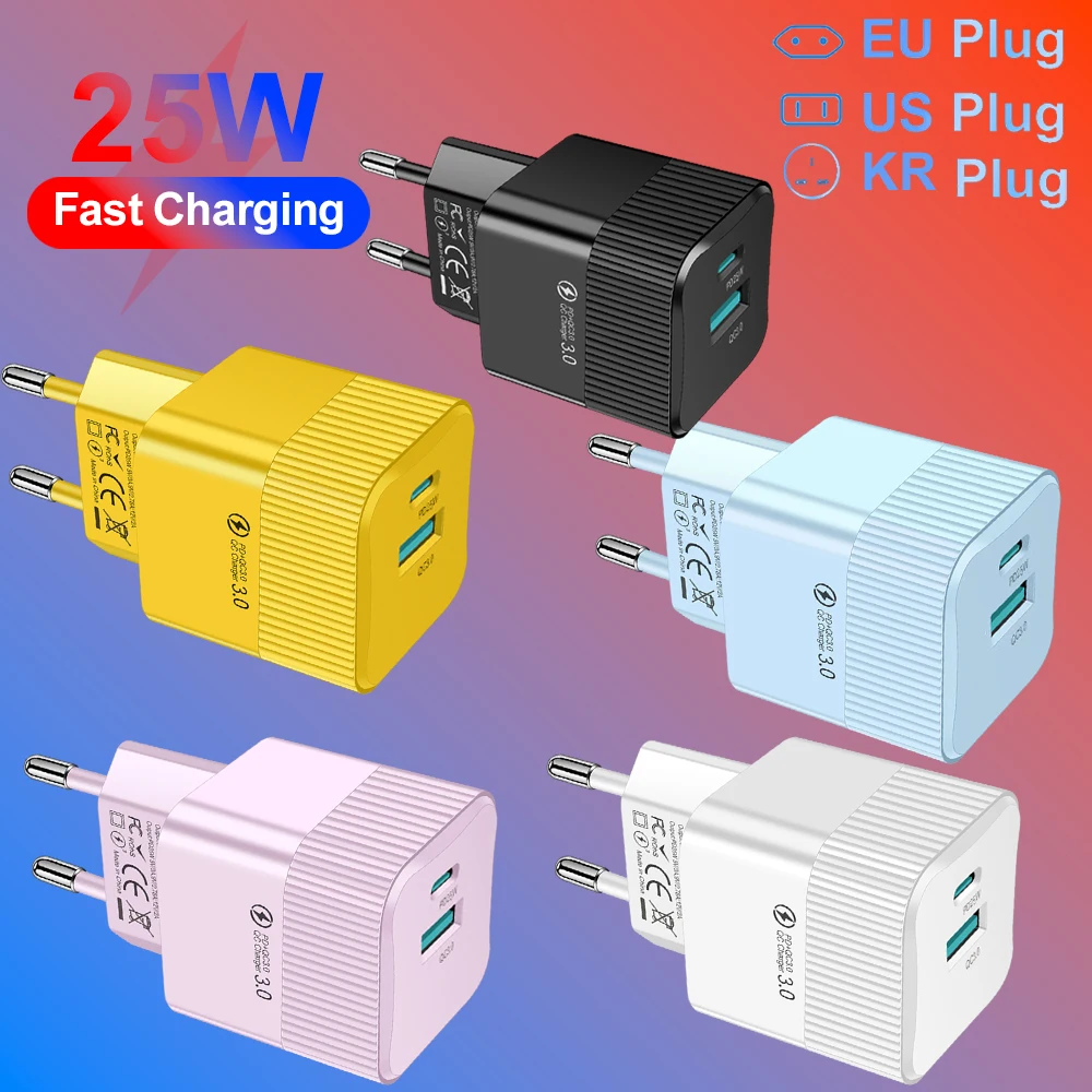 USB C PD 25W 고속 충전기 iPhone 16 Pro Max Xiaomi 15 Oneplus KR EU US 미니 2 포트 여행용 플러그 전화 고속 충전 어댑터