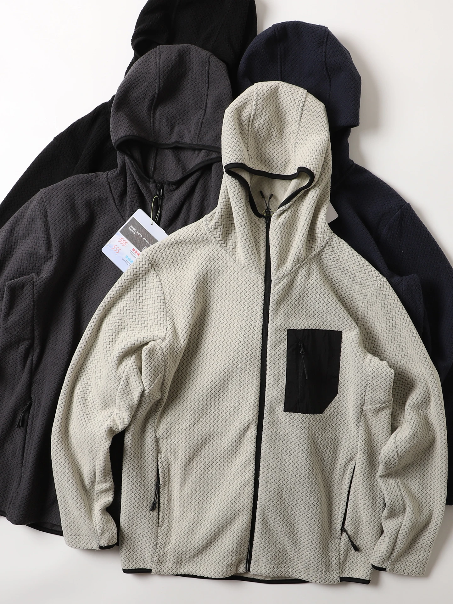 따뜻한 플리스 소재의 아웃도어 후드 오픈 카디건 스웨트셔츠 캐주얼 스포티 일본 스타일 웨이브 패턴 남성용 긴팔 지퍼 재킷