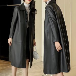 여성용 대형 블랙 가죽 재킷 루즈핏 롱 진짜 양가죽 트렌치코트 봄 가을 레저 탑