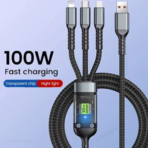 3 In 1 100w 투명 고속 충전 케이블 유형 C USB 마이크로 iPhone 15 삼성 화웨이 파일럿 램프 충전기 USB C 6A 데이터 케이블