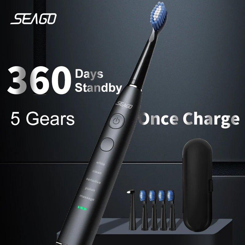 Seago 전기 음파 칫솔 USB 충전식 성인 360 일 긴 배터리 수명 IPX7 4 교체 헤드 여행용 상자 SG-575