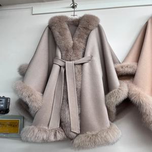천연 리얼 여우 모피 칼라 롱 캐시미어 울 모직 여성 재킷, 럭셔리 아웃웨어, 여성 코트, 겨울 신상
