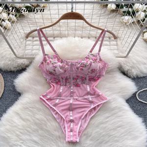 여성 의류 원피스 바디수트, 섹시한 란제리, 달콤한 꽃 자수 롬퍼, 얇은 콤비네이션 타이트 점프수트