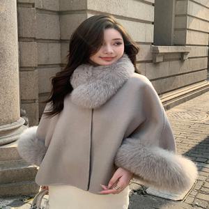 패션 겨울 레이디 진짜 자연 여우 모피 칼라 자켓 양모 망토 캐시미어 따뜻한 코트 분리형 칼라 럭셔리 두꺼운 여성 코트