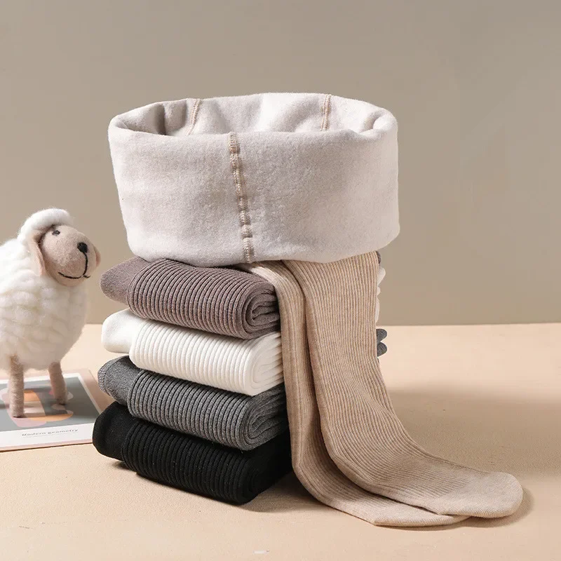 가을 겨울 새로운 얇은 플러시 세로 줄무늬 솔리드 컬러 소녀 팬티 스타킹 플러시 따뜻한 어린이 바닥 양말과 팬티