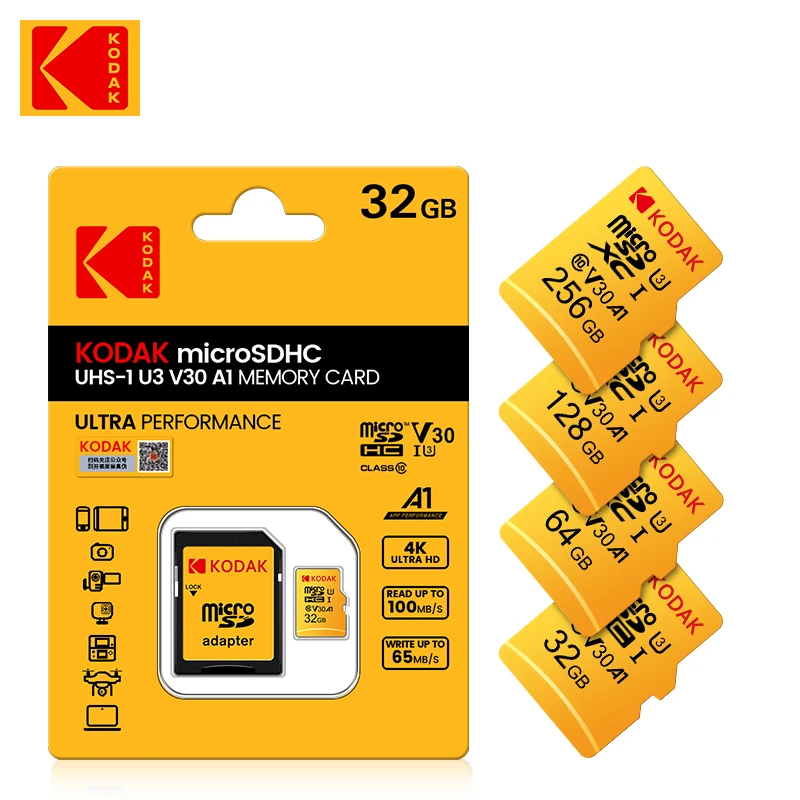 Kodak 메모리 카드 고속 100 메가바이트/초 32GB A1 클래스 10 UHS-I 64GB 128GB 마이크로 SD 카드 V30 U3 TF 카드 카메라 스마트폰 게임용