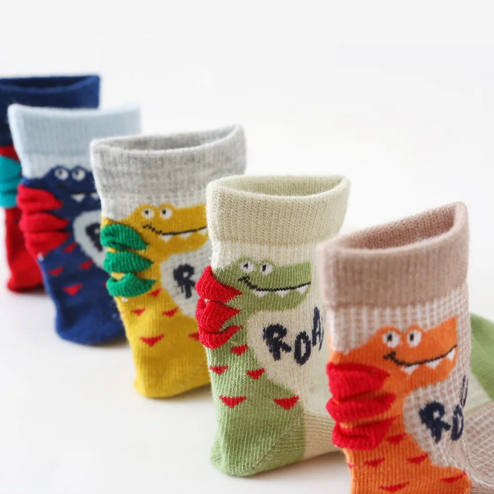 5 쌍 어린이 양말 면 만화 공룡 패턴 메쉬 통기성 편안한 소년 양말