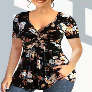플러스 사이즈 여성용 꽃 프린트 트위스트 프론트 티셔츠 우아한 V 넥 반팔 탑 여름용 여성 의류 데일리웨어