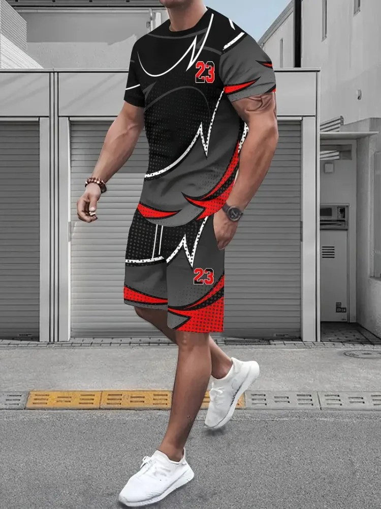 여름 도시 동향 남성 세트 캐주얼 짧은 소매 반바지 2 조각 창조적 인 기하학적 인쇄 야외 캐주얼 스트리트 웨어