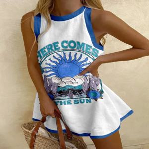 유행 인쇄 짧은 치마 섹시한 민소매 봄 여름 새로운 라운드 넥 여성 캐주얼 루즈 셔츠 드레스