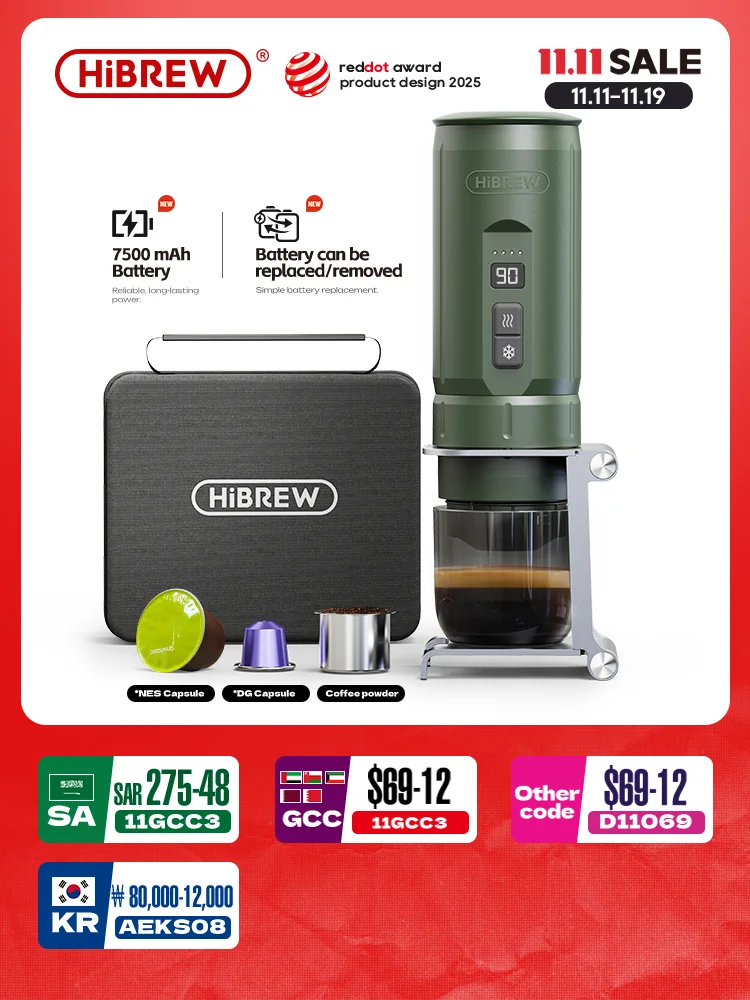 HiBREW 휴대용 에스프레소 커피 머신 자동차 및 가정용 캠핑 커피 메이커 Fit Nespresso Dolce Capsule Powder H4C