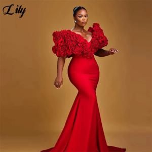 Lily Glamorous Red Prom Dress V - 과장된 꽃무늬가 있는 네크라인 인어 이브닝 드레스 - 어깨 정장 가운 맞춤형