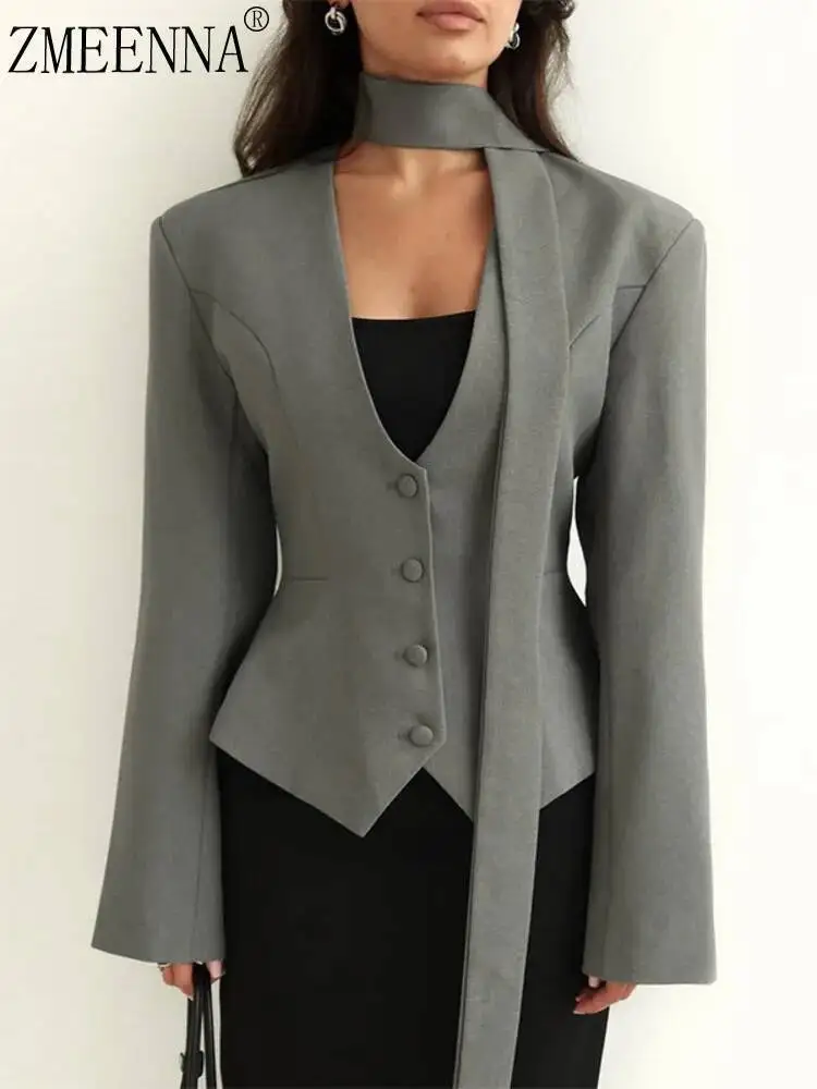 ZMEENNA 여성용 그레이 블레이저 자켓, 통합 스카프 디테일 V 넥 버튼 프론트 긴 소매 슬림 피트 캐주얼 ZM3252