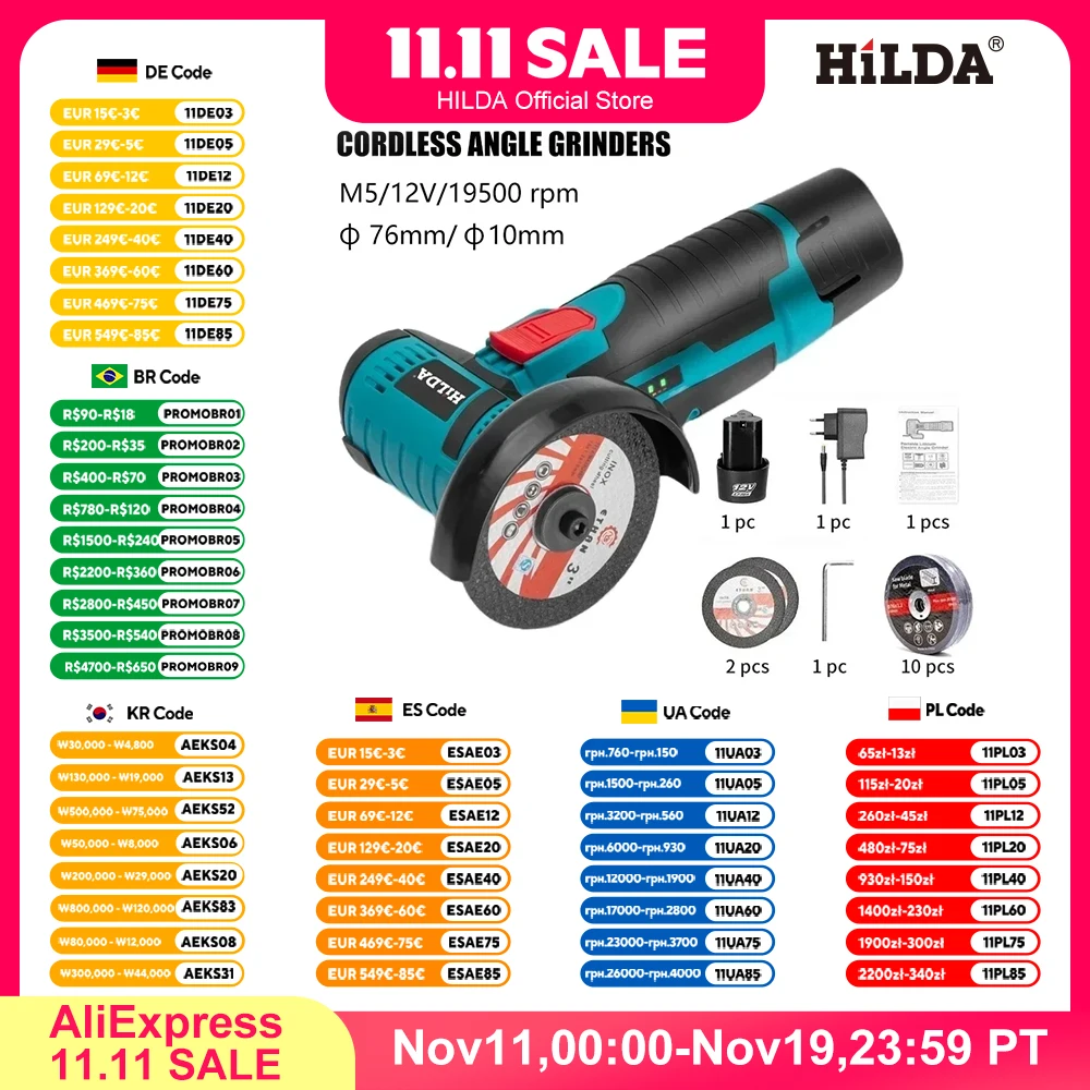 HILDA 리튬 전기 앵글 연마기, 미니 소형 가정용 핸드헬드 절단기, 연마기, 12V, 3 인치