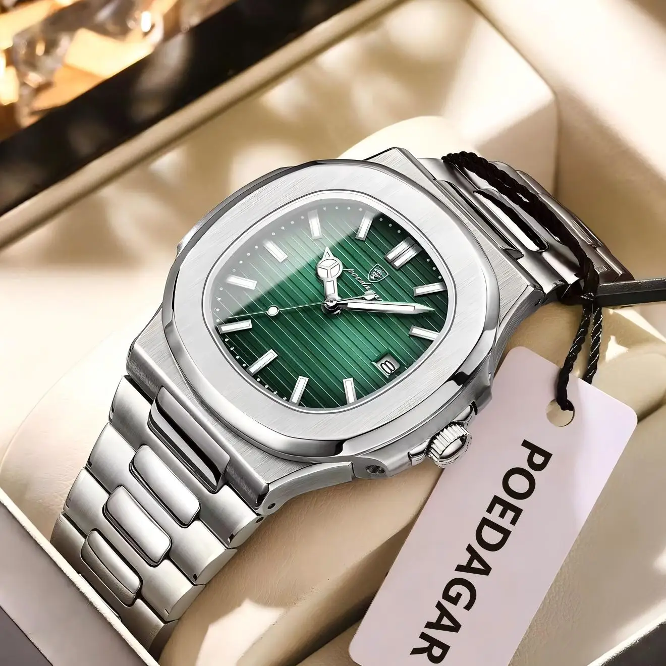 포에다가 사각형 비즈니스 남성 시계 스테인리스 스틸 방수 야광 날짜 남성용 손목시계 스포츠 럭셔리 쿼츠 시계