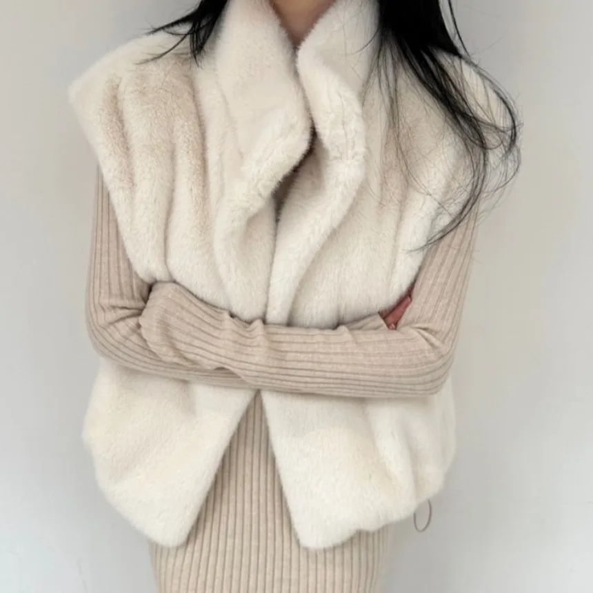 세련된 여성용 두꺼운 가을 겨울 신상 다용도 루즈 슬림핏 인조 모피 조끼 탑 스탠다드 에디션 중국산