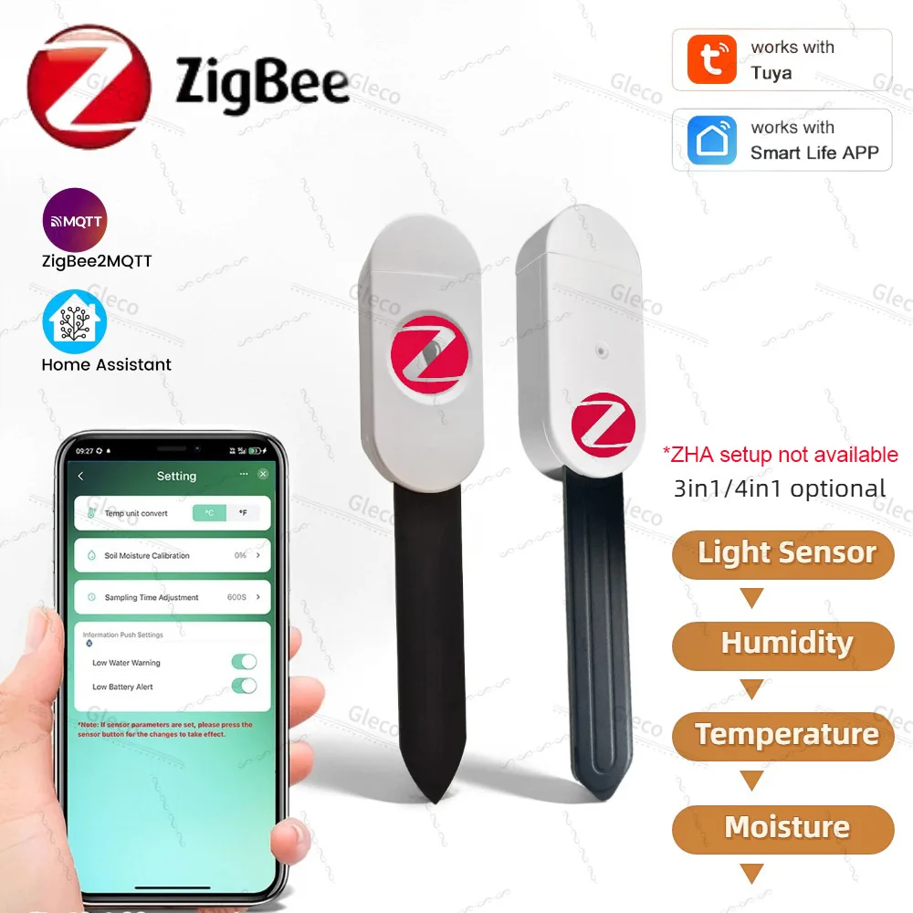 3-in-1/4-in-1 Zigbee 토양 수분 센서 습도계 온도 테스터 광 감지기 Tuya Smart Life 2MQTT HA와 함께 작동