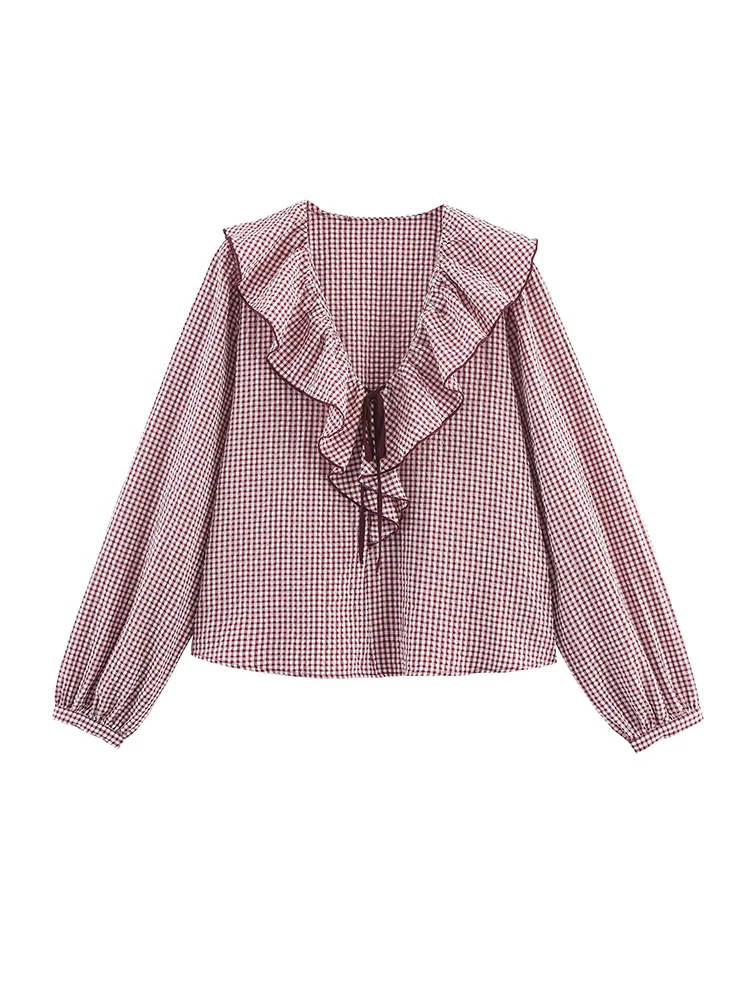 유럽과 미국 스타일의 가을 신상 패션 트렌드 캐주얼 여성복 브이넥 레이스업 작은 격자무늬 레이어드 장식 셔츠