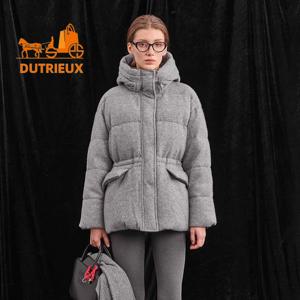 2025년 신상 울 후드 재킷 드로스트링 허리 재킷 슬림 대형 포켓 구스 다운 재킷 중간 길이 윈드브레이커 구스 다운 여성용