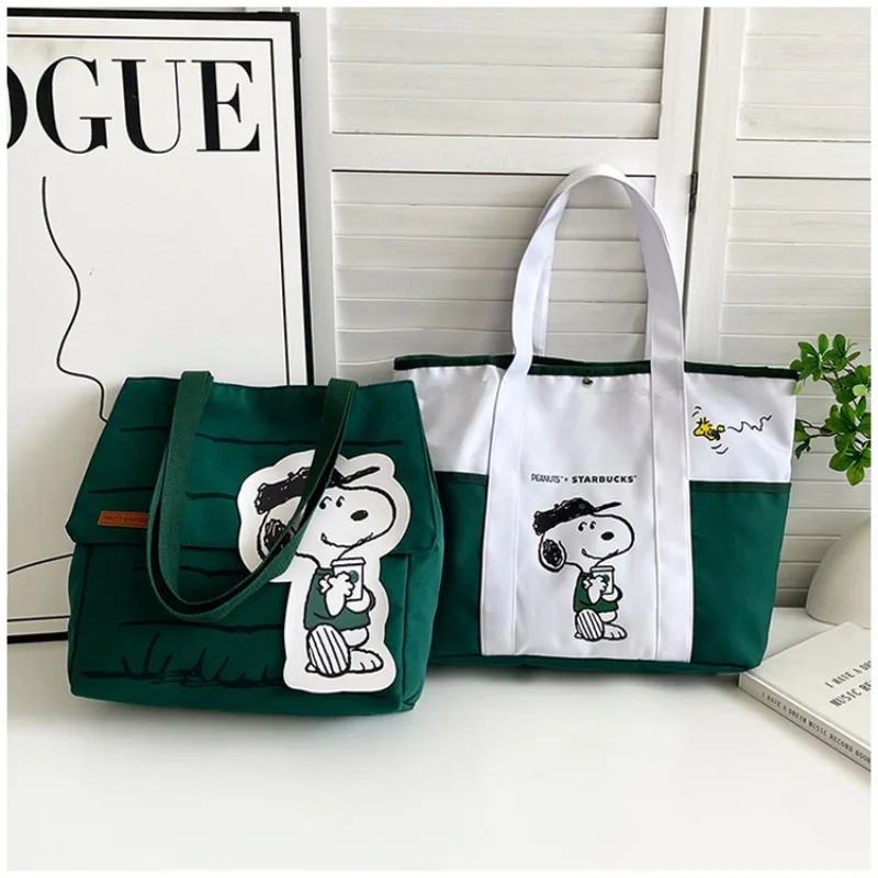 MINISO 새로운 만화 귀여운 스누피 대용량 프린트 캐주얼 캔버스 가방 신선한 통근 토트백 학생용 원숄더 핸드백