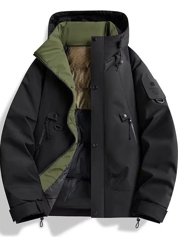 2025년 봄 남성용 두꺼운 후드 스탠드 칼라 면 재킷 아웃도어 코트 청년 패션 스탠다드 핏 긴팔 캐주얼웨어