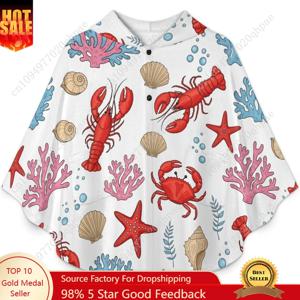 아늑한 플란넬 담요 스웨터, 어린이와 청소년을 위한 주머니가 있는 해양 생물 패턴 오버사이즈 후드티