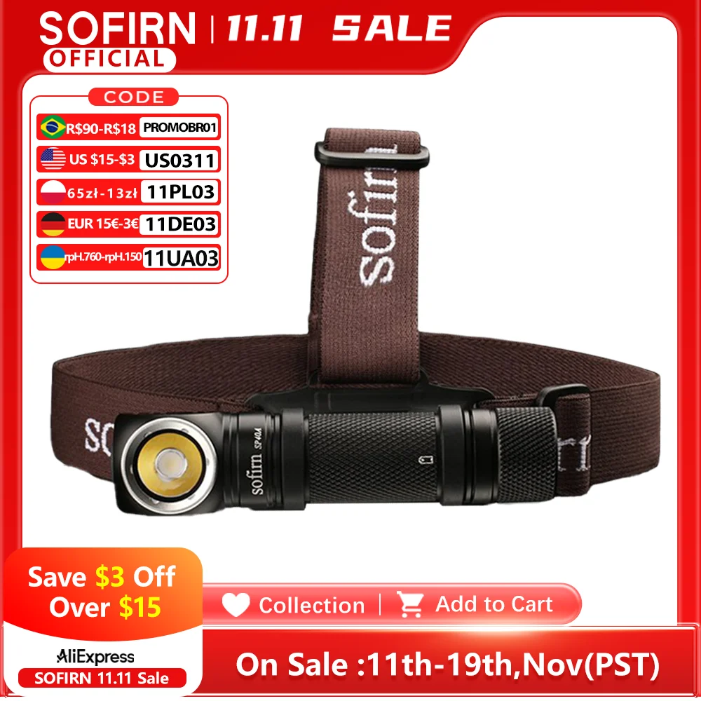 소피른 SP40A TIR 광학 충전식 LED 헤드램프 TN-3535 1200lm 18650 헤드라이트 18350 각도 조절 플래시라이트 자석 테일 포함