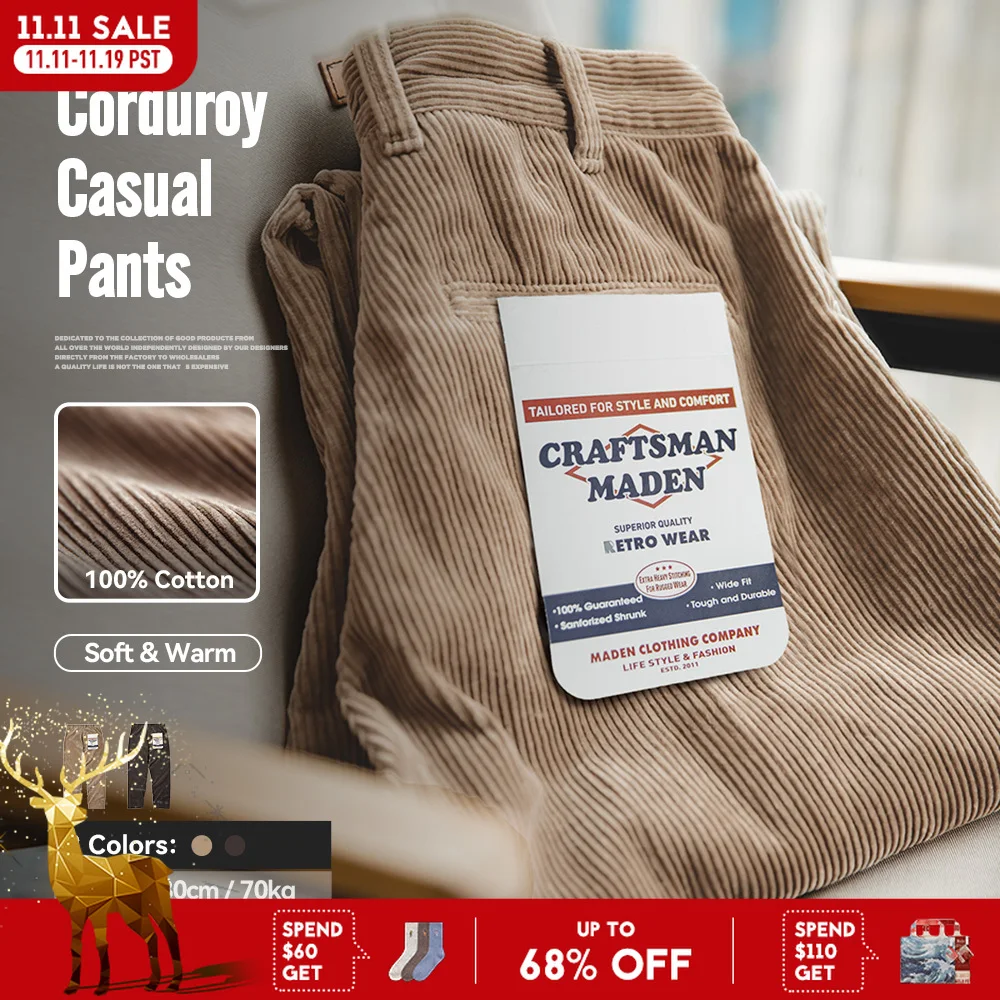 Maden 빈티지 루즈 코듀로이 바지 와이드 레그 미드 웨스트 스트라이프 벨벳 스트레이트 레그 팬츠 남성 가을 카고 바지