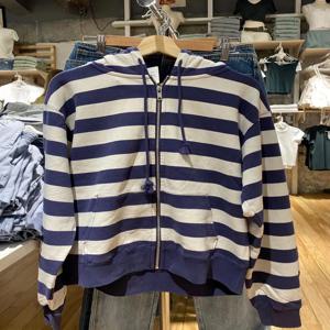 스트라이프 패치 워크 지퍼 업 까마귀 가을 코튼 포켓 Drawstring 후드 티셔츠 여성 Y2k streetwear 빈티지 루즈 탑 자켓