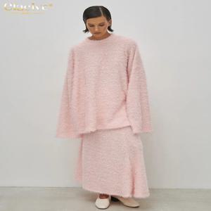 Clacive 캐주얼 루즈 핑크 2 조각 세트 여성 복장 2024 높은 허리 발목 길이 스커트 세트 여성과 우아한 긴 소매 셔츠