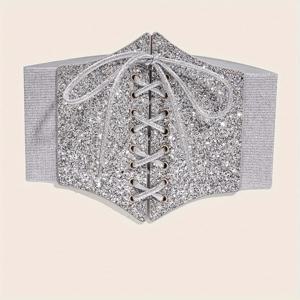 여성 실버 빈티지 코르셋 벨트 펑크 스팽글 와이드 허리띠 레이스 업 Cummerbunds 여성 드레스 탄성 거들 장식 코르셋