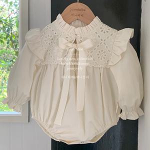 2024 새로운 봄 0-24M 어린이 옷 한국어 스타일 등산 양복 긴 소매 코튼 레이스 접합 유아 아기 소녀 Romper