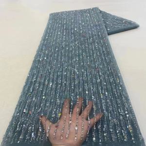 아프리카 럭셔리 페르시 얇은 명주 그물 레이스 원단 2025 나이지리아 수제 무거운 장식 조각 진주 레이스 원단 신부 웨딩 드레스