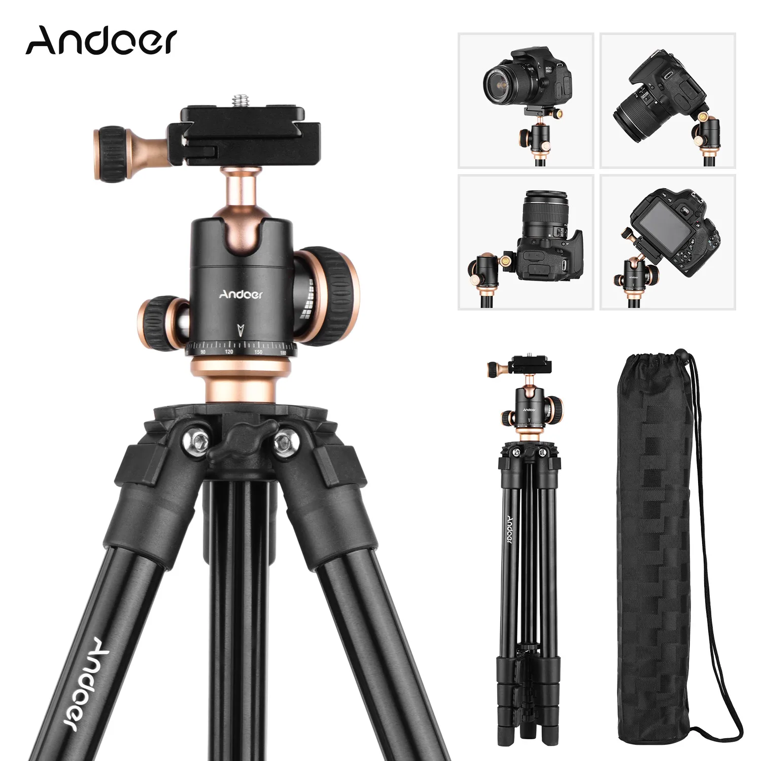 Andoer Q160SA 삼각대 DSLR 디지털 카메라 캠코더 Canon Nikon Sony 카메라 용 파노라마 볼 헤드 삼각대가있는 카메라 삼각대