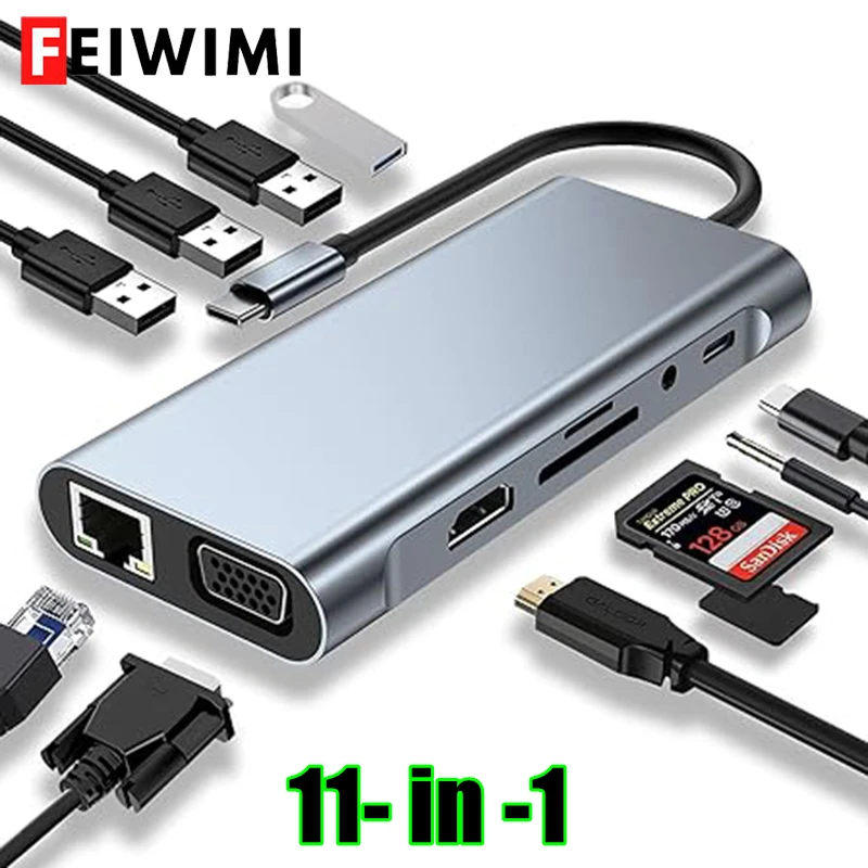 USB C 허브, USB C 어댑터 11 in 1 동글, MacBook Pro/Air M1 iPad용 4K HDMI/VGA/Type C PD/RJ45/SD/TF 카드 리더기 포함