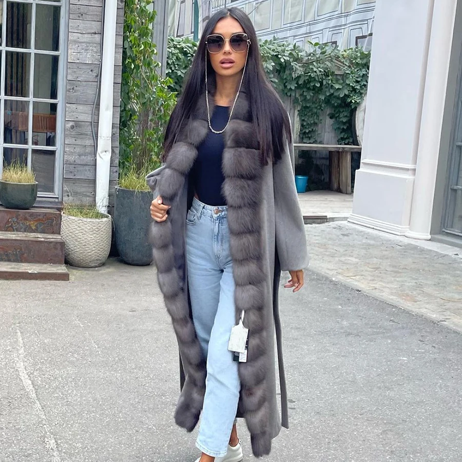 긴 회색 울 코트 여성 리얼 캐시미어 코트 천연 여우털 트리밍 신상 여성 울 코트 벨트 포함 울 재킷