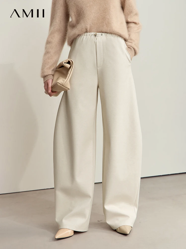 AMII 미니멀리스트 여성 캐주얼 바지 2024 겨울 클래식 통근 따뜻한 신축성 있는 드로스트링 루즈 팬츠 여성용 바지 12424082