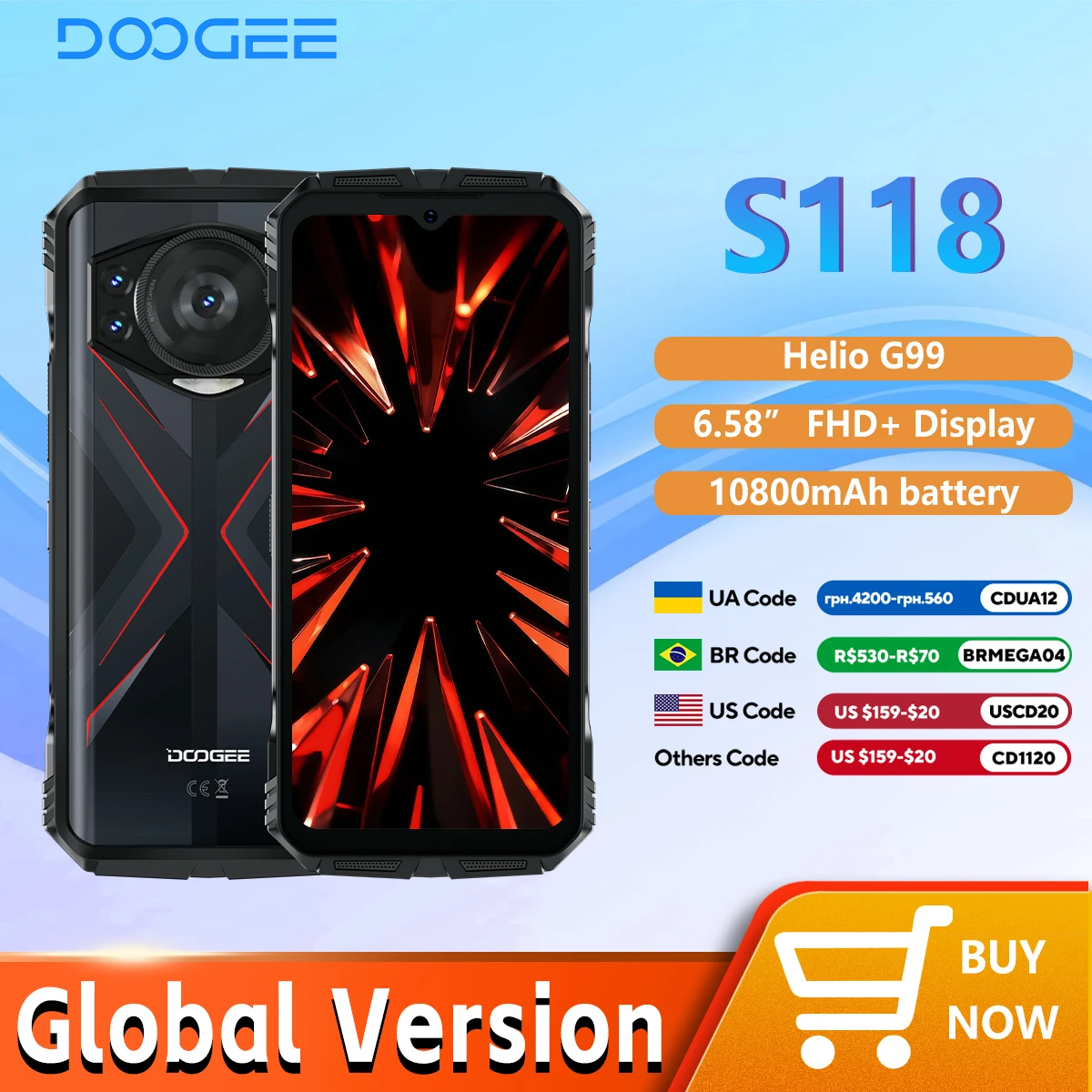 DOOGEE S118 견고한 스마트폰, 20GB(8 + 12GB 확장), 6.58 인치 FHD + 화면, Helio G99, 10800mAh, 50MP AI 카메라 NFC, 월드 프리미어