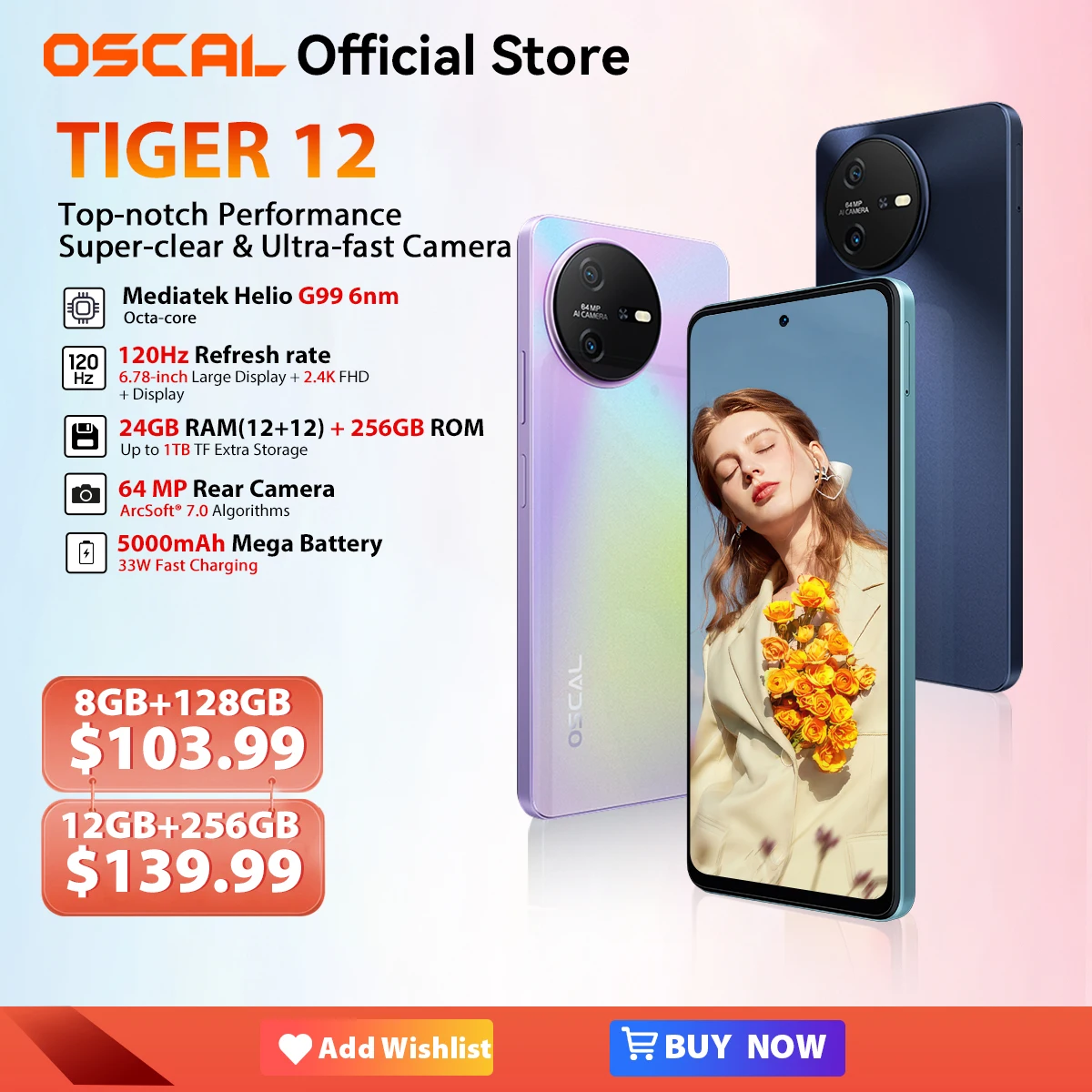 OSCAL TIGER 12 스마트폰, 안드로이드 13, Helio G99, 6.78 인치, 120Hz, 2.4K 디스플레이, 휴대폰, 24GB, 256GB, 64MP, 월드 프리미어