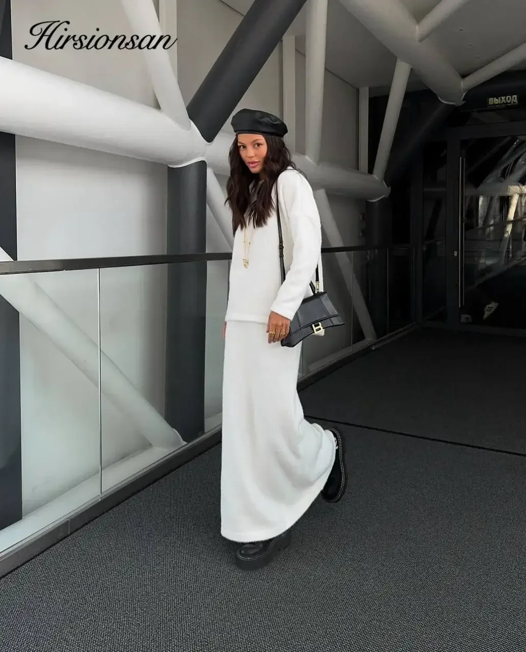 Hirsionsan 우아한 부드러운 우아한 빈티지 여성 정장, O넥 스웨터 및 미디 원피스 니트 운동복, 2 피스 여성 스커트 세트