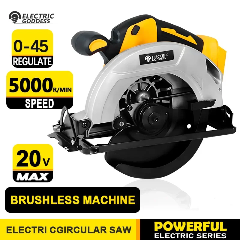 7 인치 무선 원형 톱 5000rpm 브러시리스 목공 톱 Dewalt 20V 배터리 핀 용 45도 절단 각도 조정