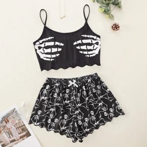 여성 2 PCS 잠옷 세트 잠옷 반팔 탑과 반바지 정장 검은 해골 인쇄 환기 부드러운 컴포트 Loungewear