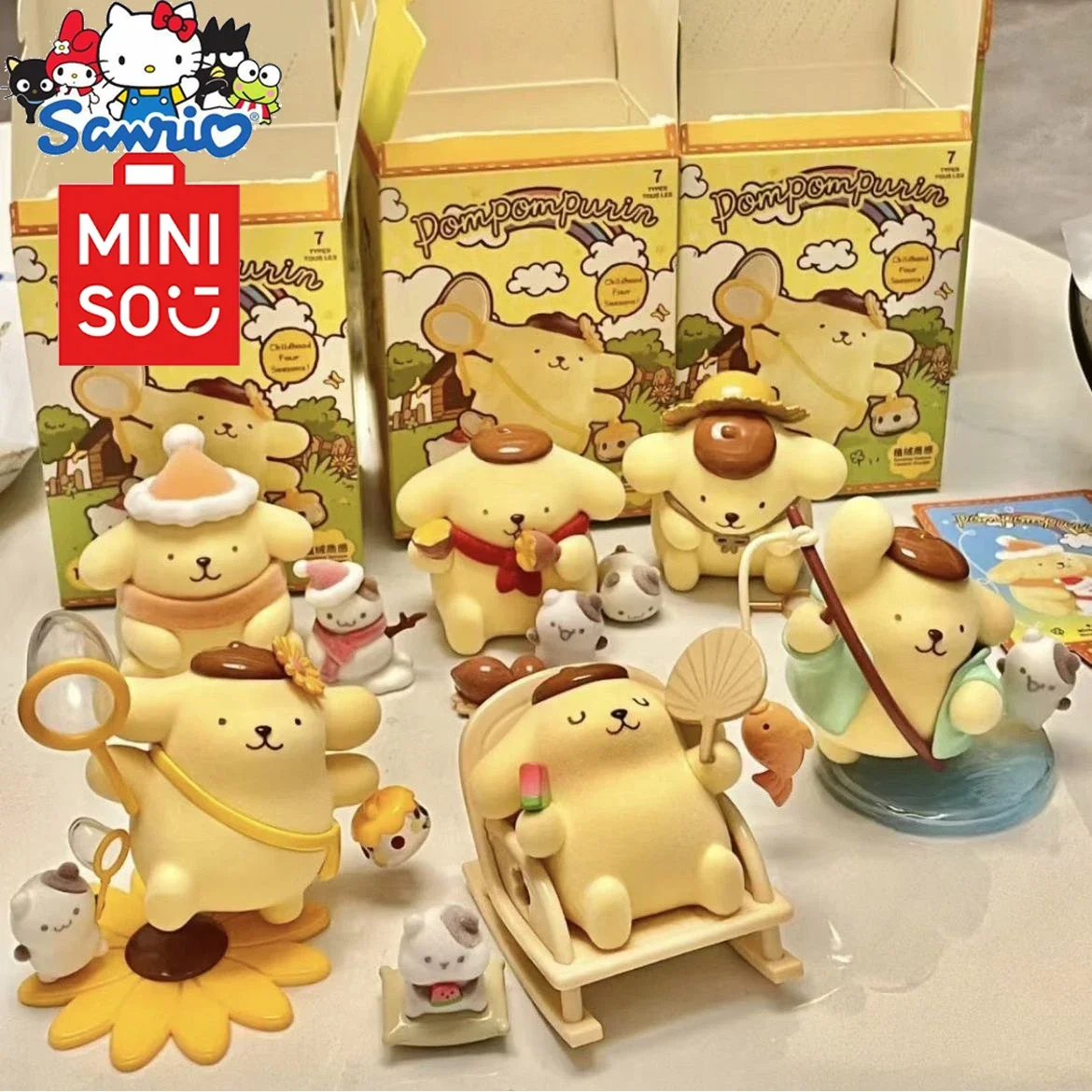 MINISO 산리오 애니메이션 액션 폼폼푸린 사계절 시리즈 블라인드 박스 피규어 서프라이즈 백 컬렉션 모델 장난감 선물