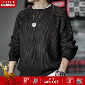 Maden 빈티지 세로 줄무늬 니트 스웨터 라운드 넥 남성용 가을, 겨울 다목적 풀오버를위한 두꺼운 따뜻한 기본 레이어
