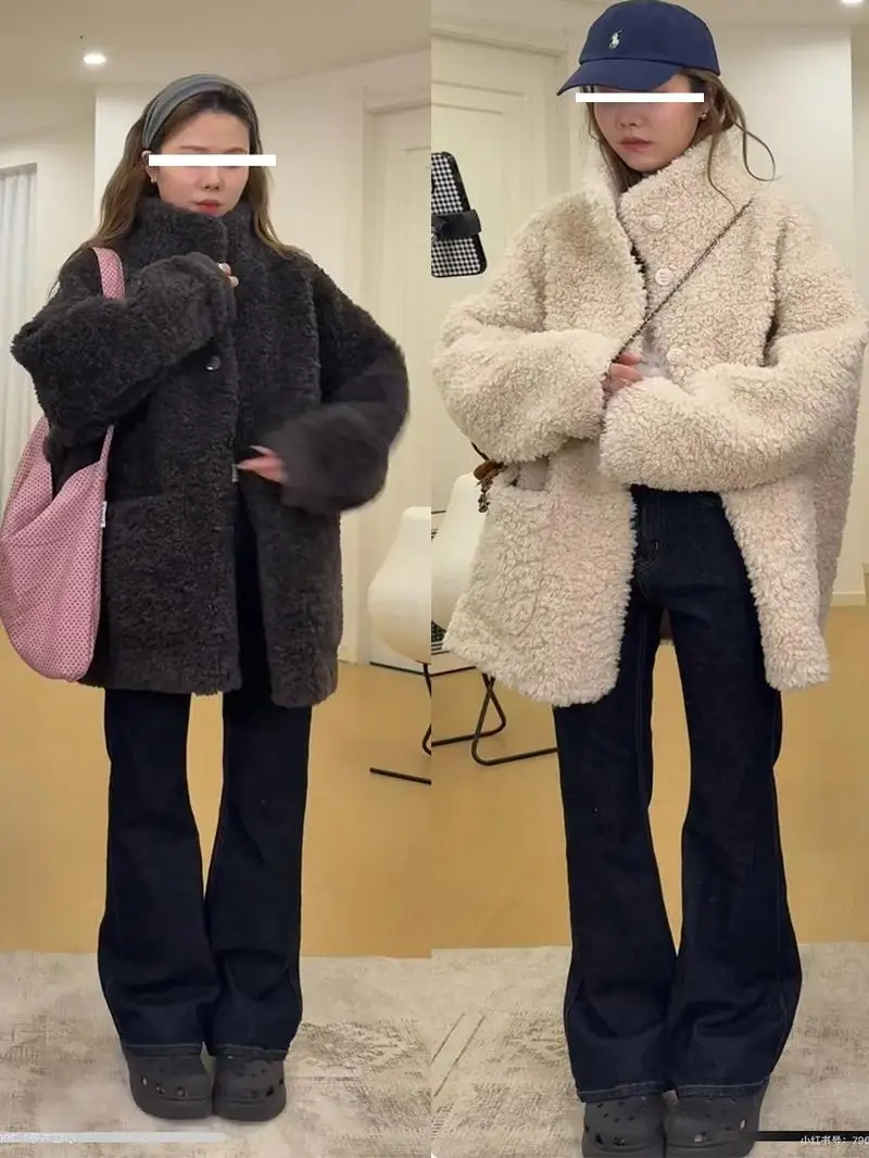 한국 스타일 양털 코트 여성용 겨울 두꺼운 롱 루즈 아우터웨어 스탠드 칼라 플러시 재킷 고급스러운 느낌 중간 길이