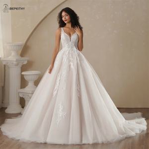 BEPEITHY 맞춤형 A 라인 샴페인 웨딩 드레스, V 넥 민소매, 로맨틱 신부 아이보리 신부 가운, 2025 용수철