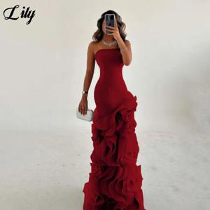 릴리 부르고뉴 우아한 정장 가운 민소매 프릴 댄스 파티 드레스 Strapless Pleating 여성 이브닝 드레스 로브 드 발 맞춤형